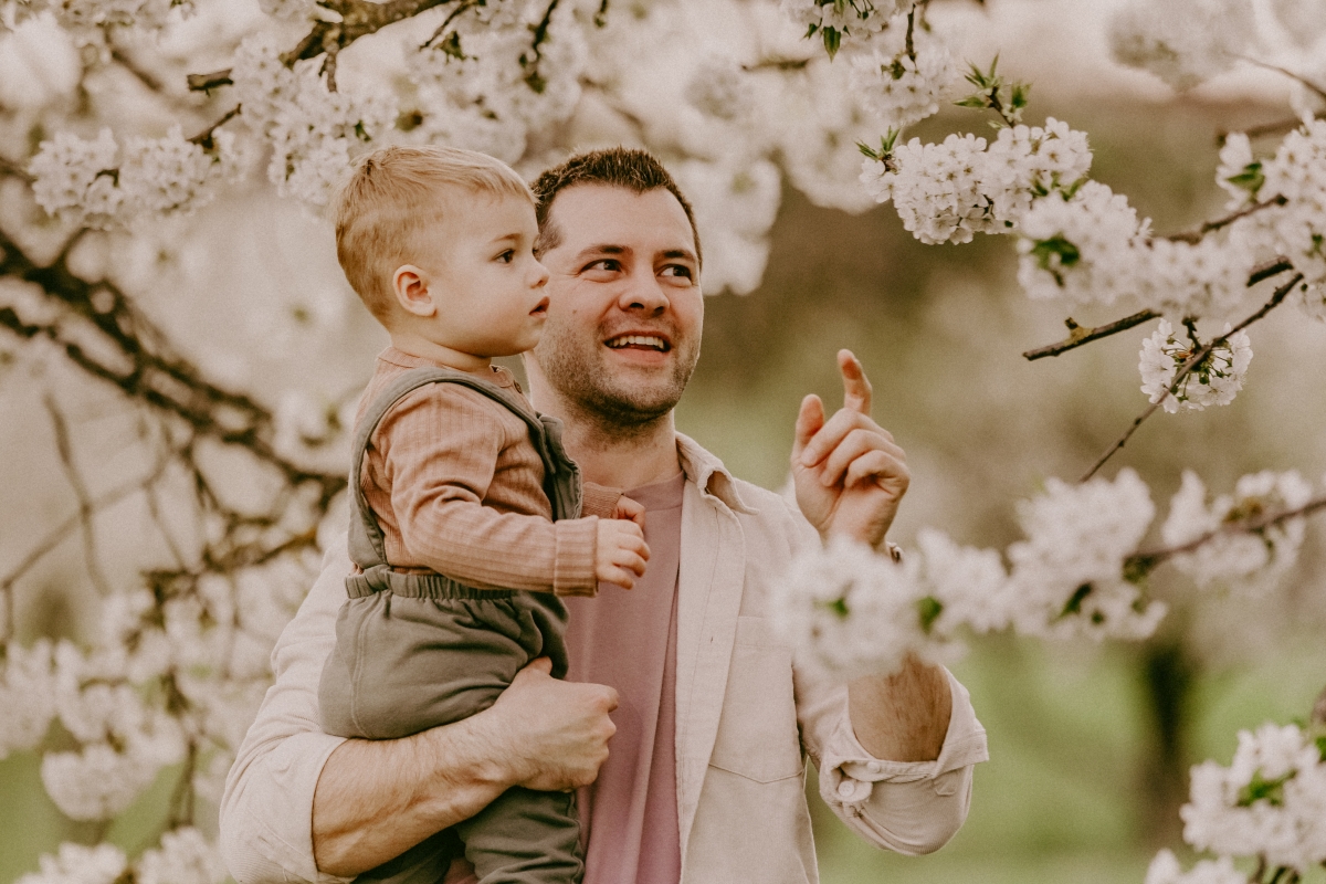 Papa und Sohn unter Kirschbaumblüten im Frühling beim Familien-Fotoshooting