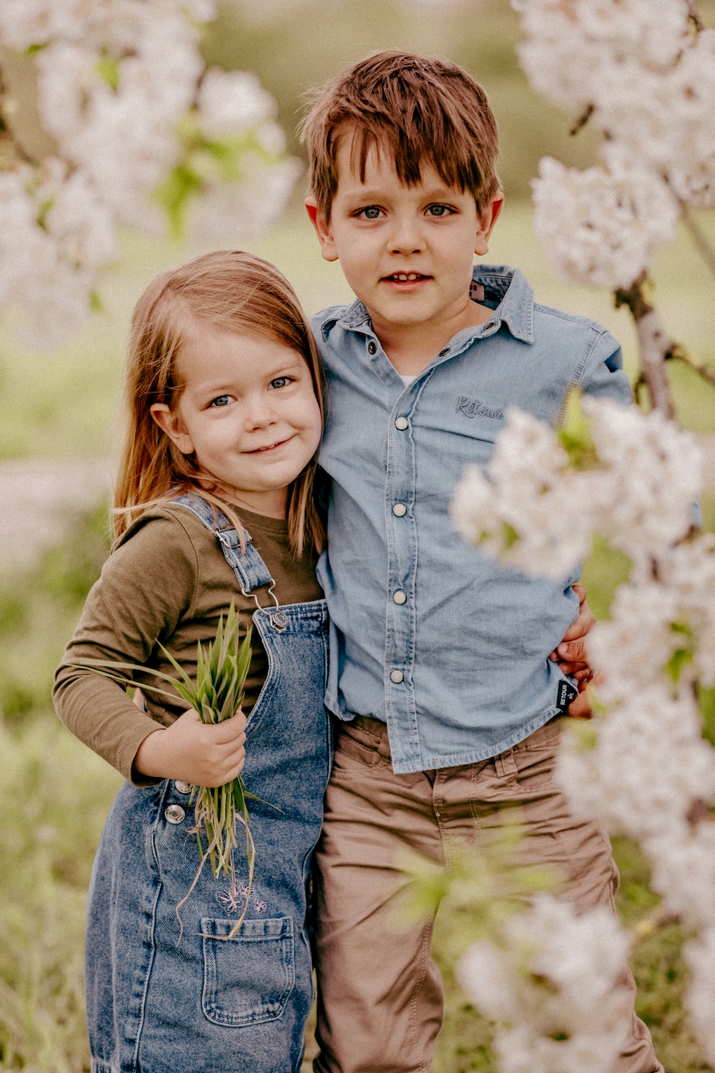 Junge und Mädchen unter Kirschblüten beim Familien-Fotoshooting